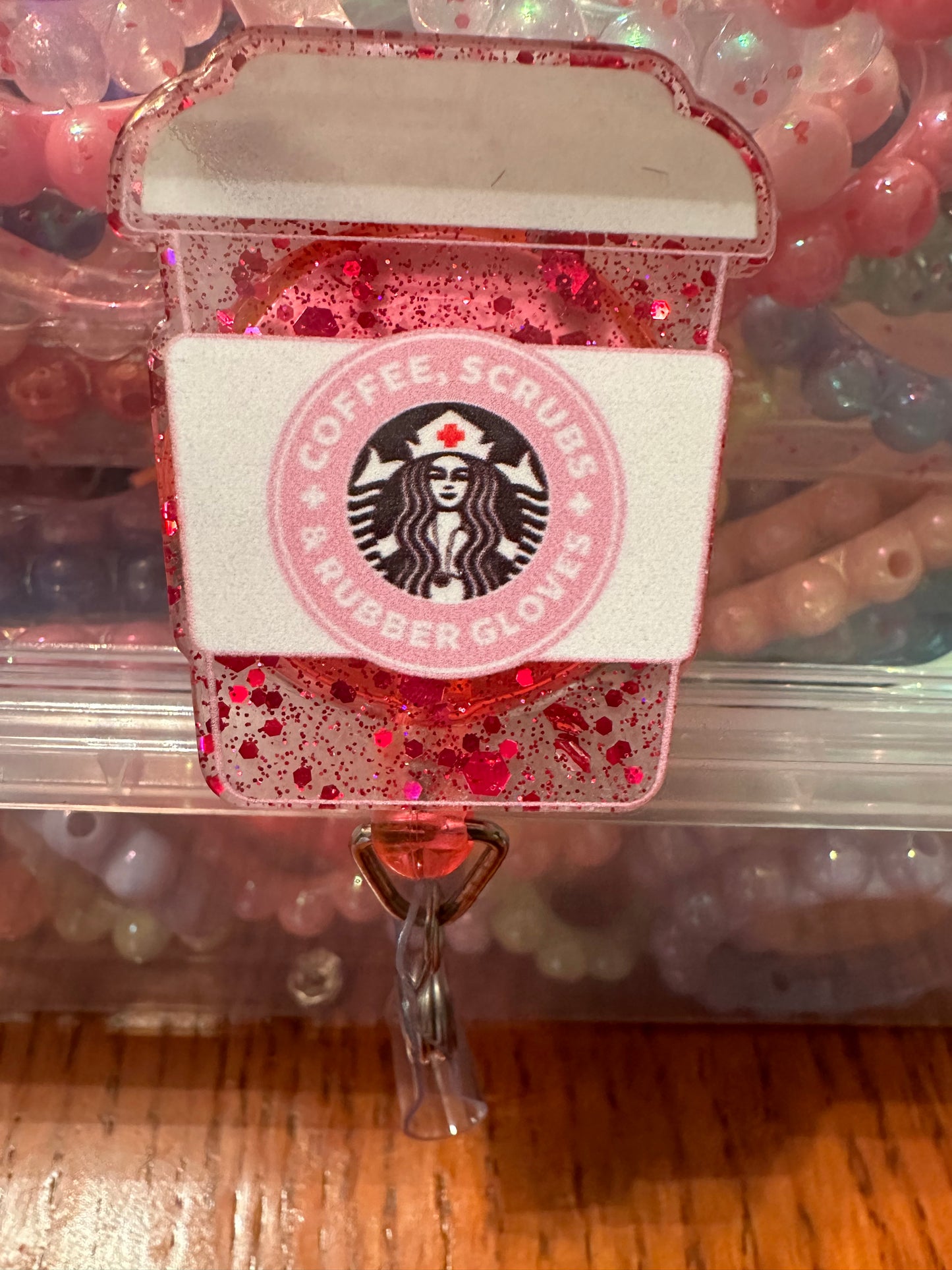 Coffee scrubs and rubber gloves badge reel